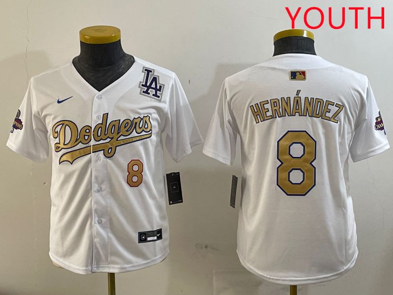 Youth Los Angeles Dodgers #8 Hernandez White Champion gold character 2025 Nike MLB Jersey style 5->youth mlb jersey->Youth Jersey